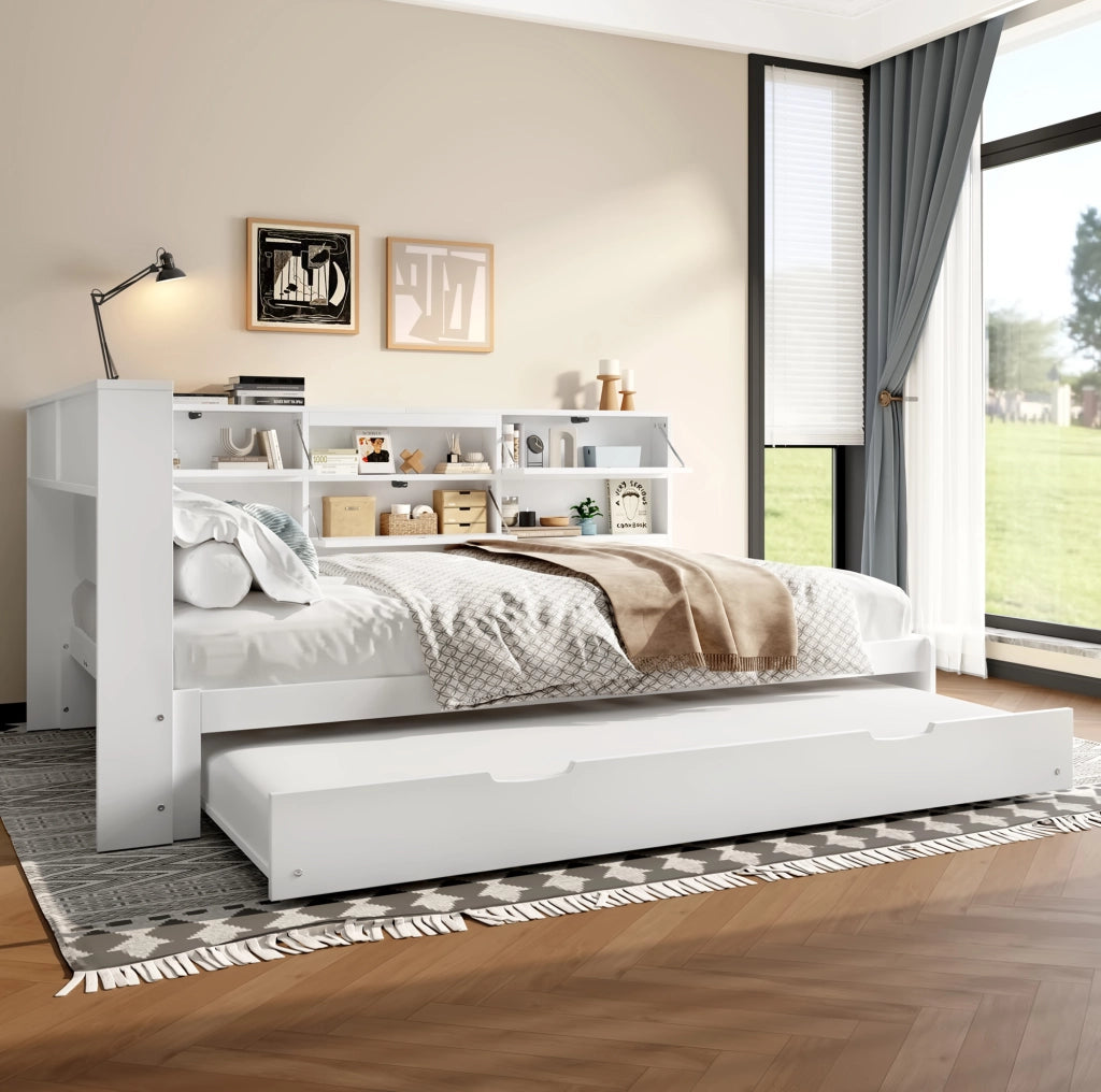 Daybed con letto estraibile 140x200 cm; testiera con vano contenitore e USB/Type-C; bianco