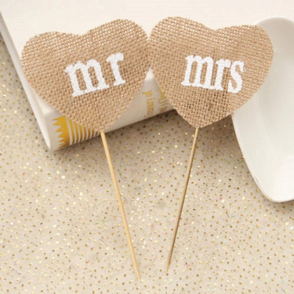 Trade Shop - 2x Stuzzicadenti Mr Mrs Cuore Juta Cake Per Decorazioni Torte Matrimonio Wedding -