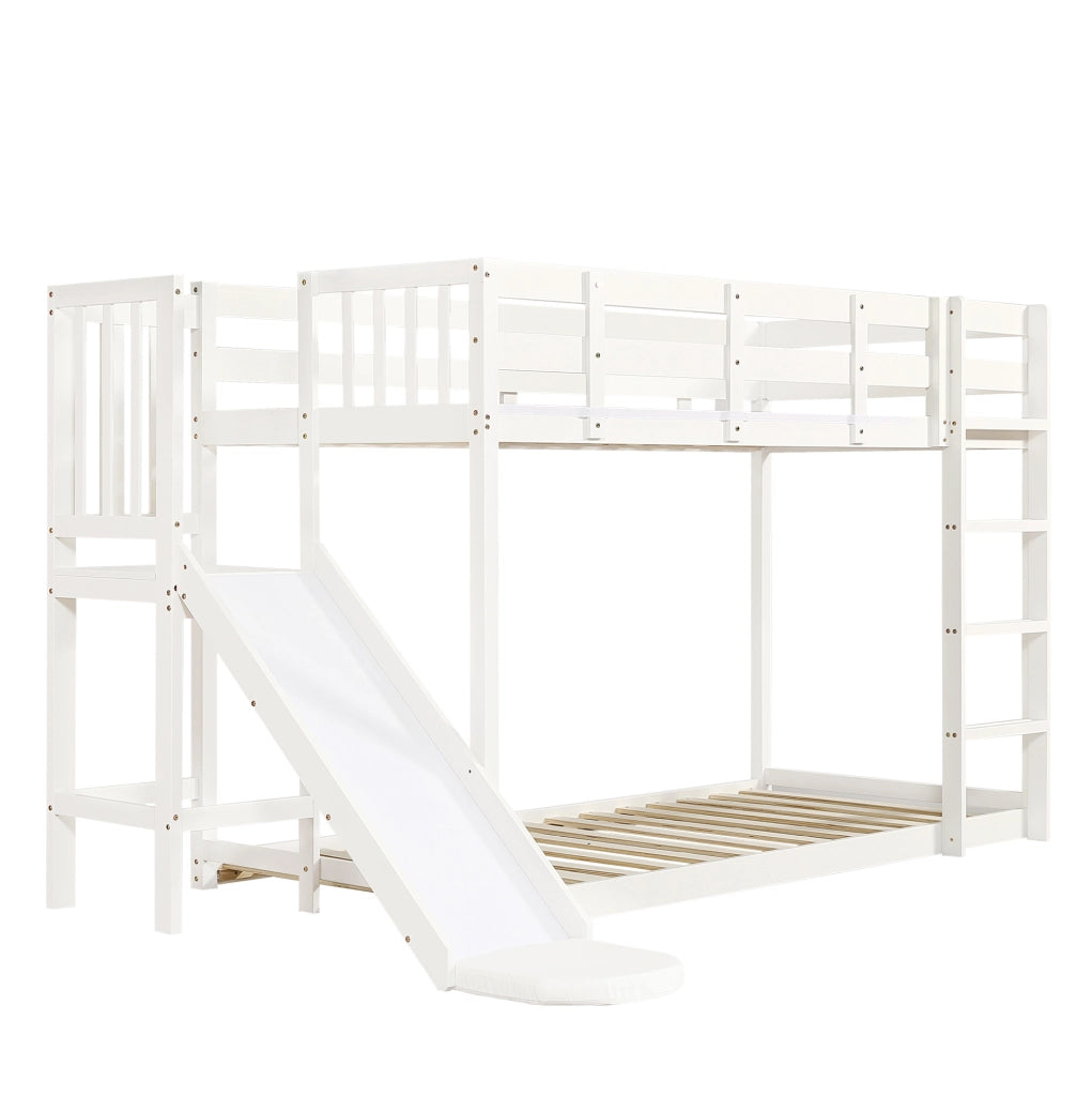 Letto a castello 90x200 cm con scivolo; scala e tendine in MDF e legno bianco