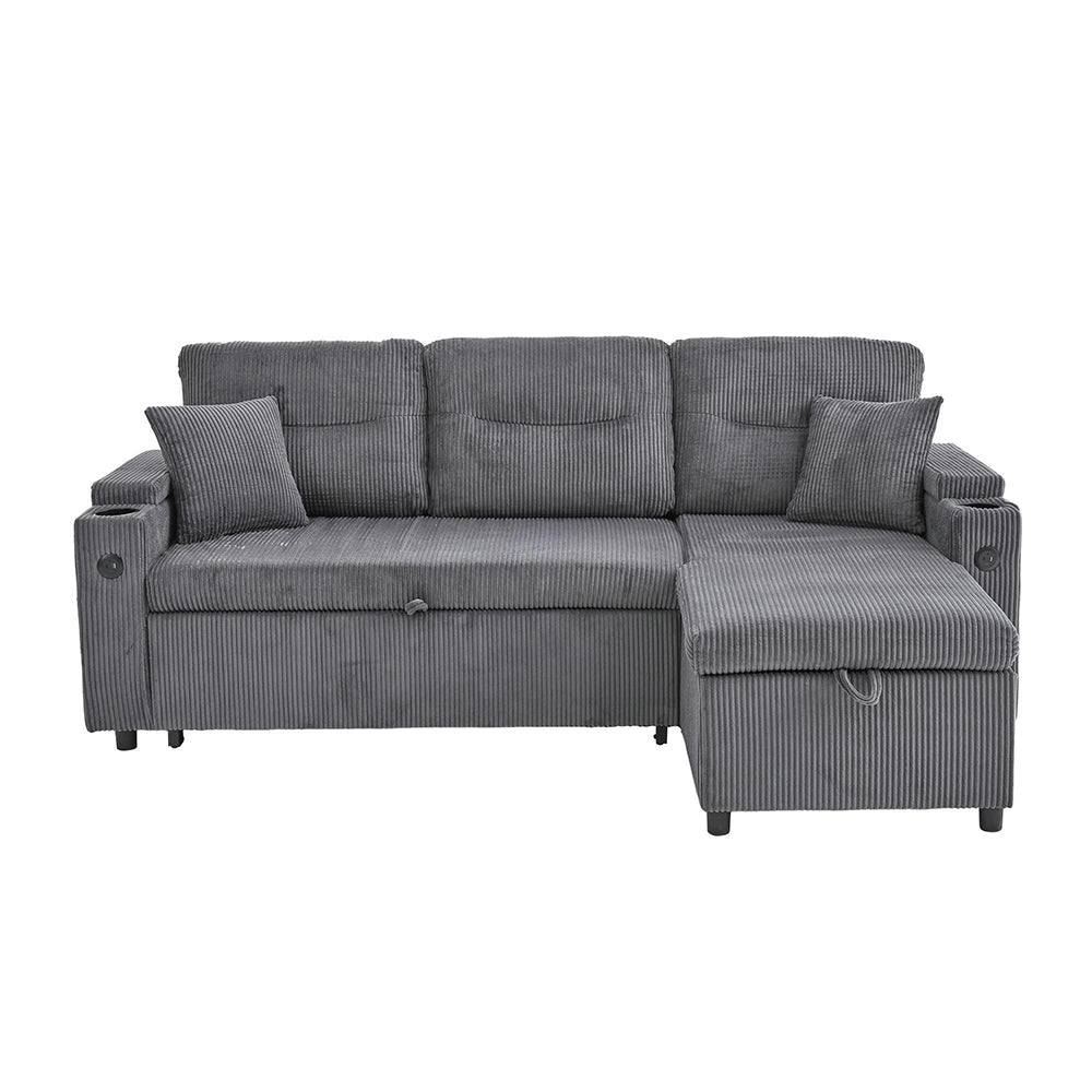 Divano moderno 3 posti - Xylo - Velluto costato, spazio di archiviazione, porta bevande, USB-C, chaise longue idraulica, letto a cassetti