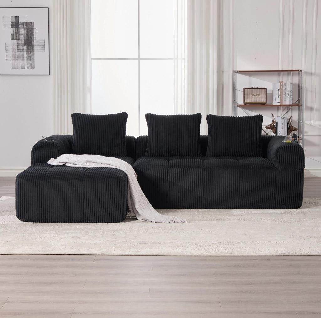 Divano 253x158x61 cm modulare DIY con tasche laterali e portabicchieri in tessuto cord nero