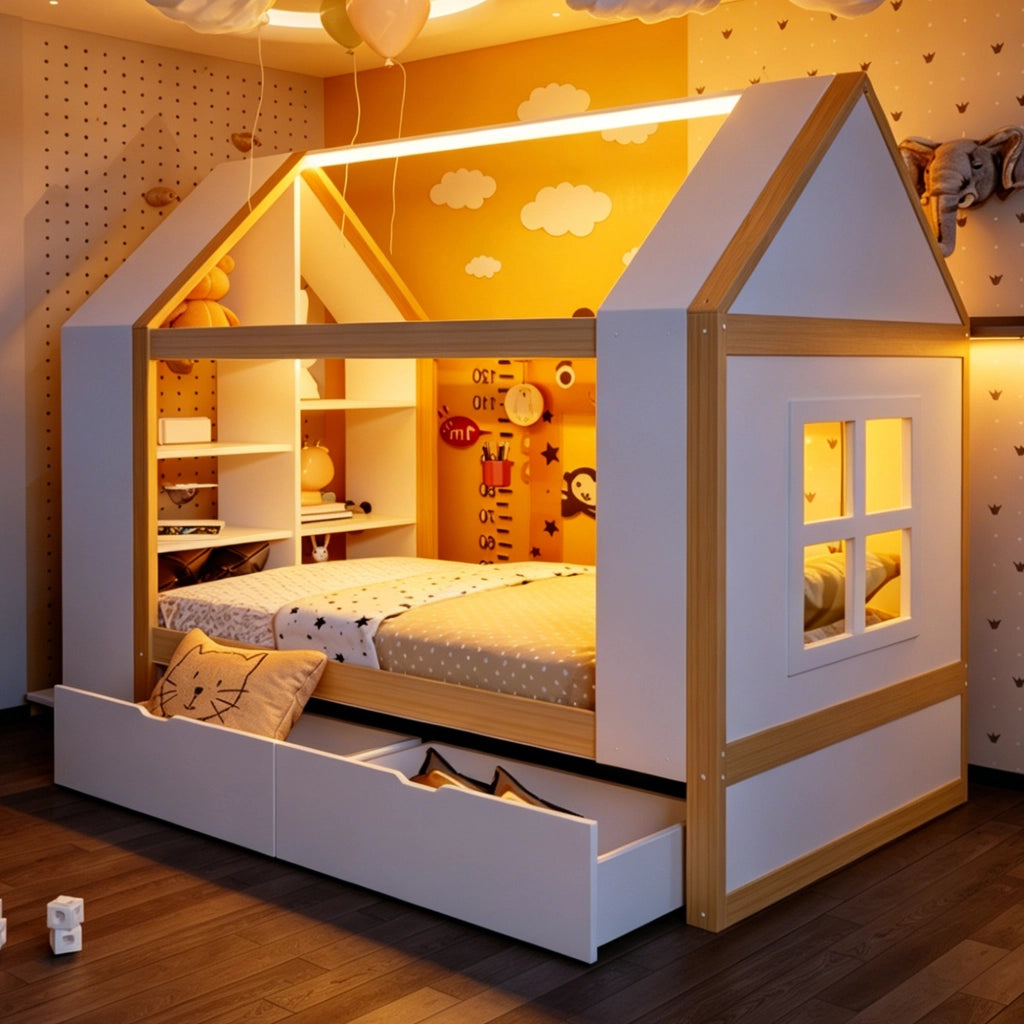 Letto a casetta per bambini 90 × 200 cm con 2 cassetti, LED e ripiani laterali, senza materasso, legno massiccio, bianco naturale