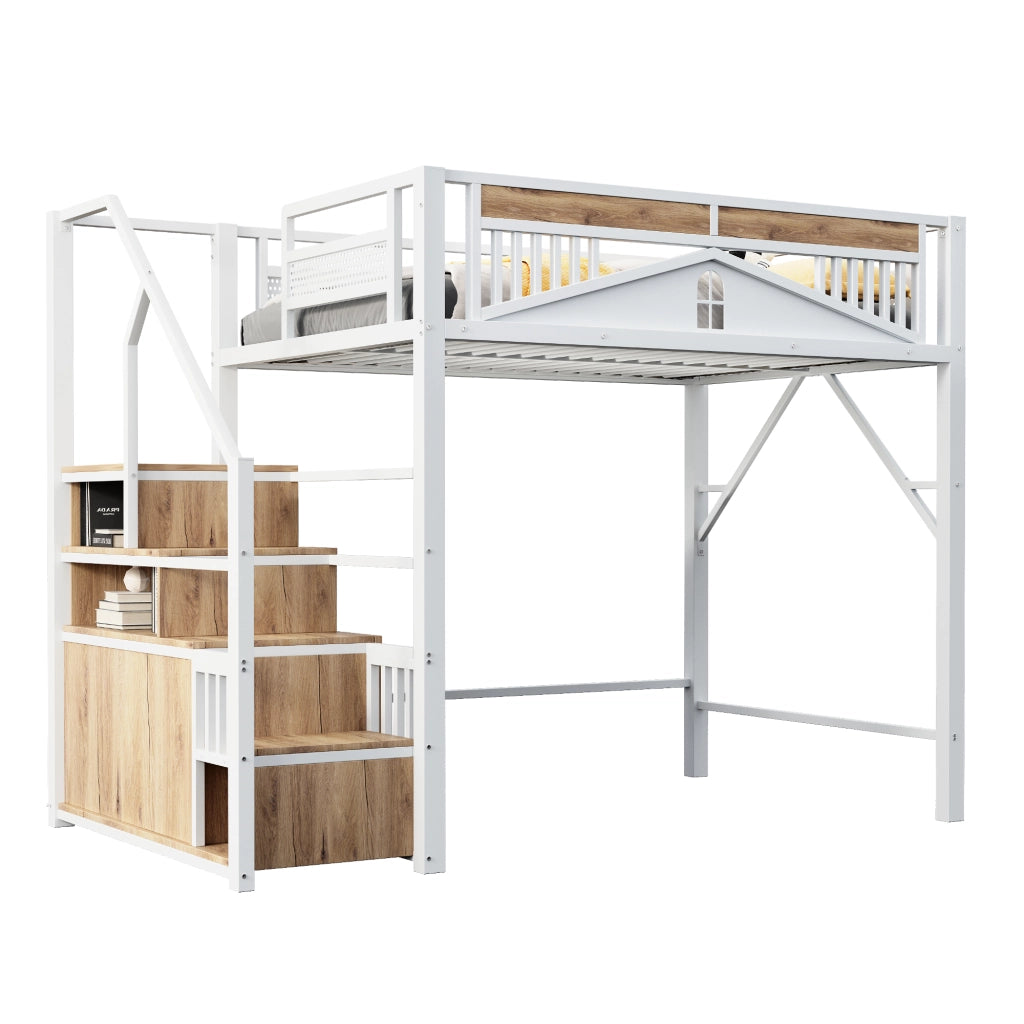 OKWISH Letto a Soppalco 140×200 cm, Letto Matrimoniale con Scala Contenitore, Armadietto e Sponda con Finestra, senza Materasso, Bianco