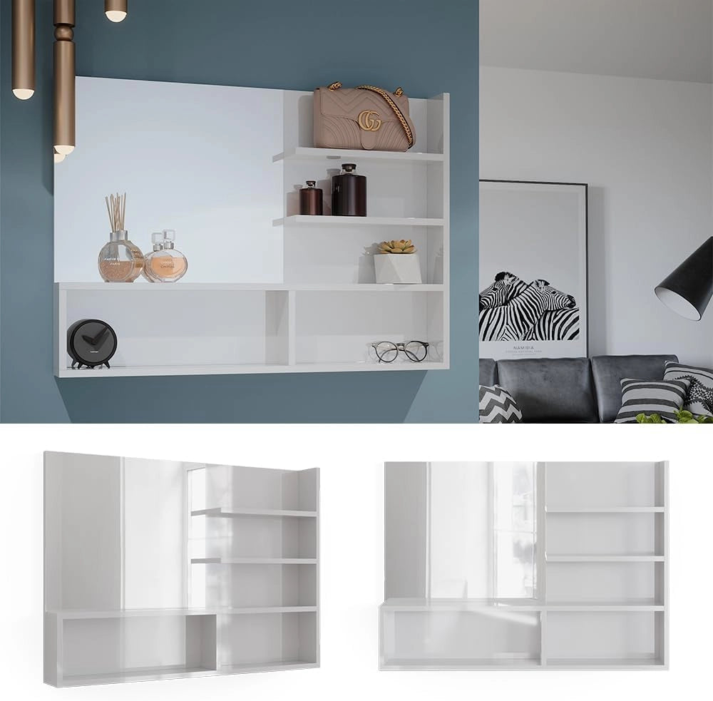 Specchio bagno, Bianco lucido, 89.8 x 65 cm con scomparti aperti, con cinque ripiani aperti per la conservazione degli accessori da bagno