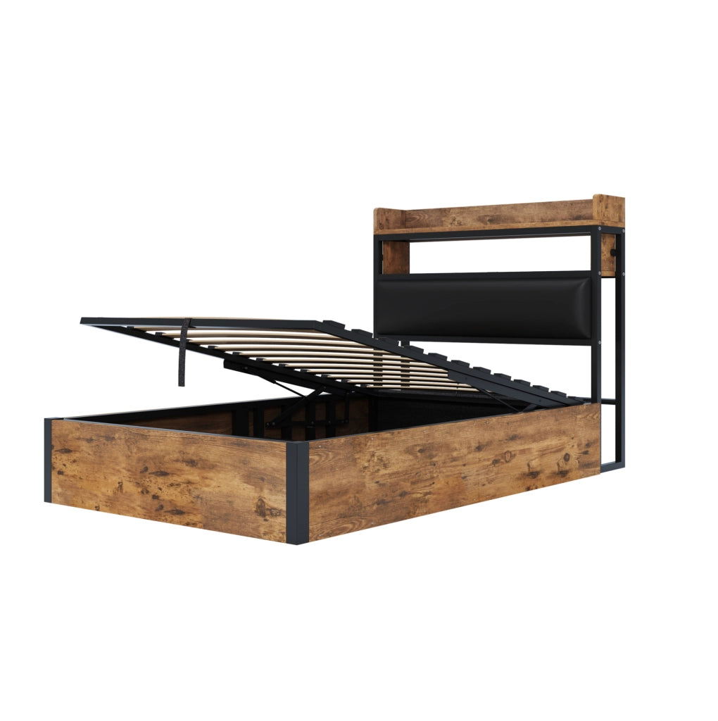 Letto contenitore 90x200 con sollevamento idraulico, USB e testiera imbottita