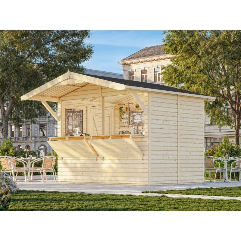 Chiosco in legno da giardino 273x190 cm abete 16 mm con 2 sportelli vendita a ribalta, struttura prefabbricata per mercatini - Esterni da Vivere