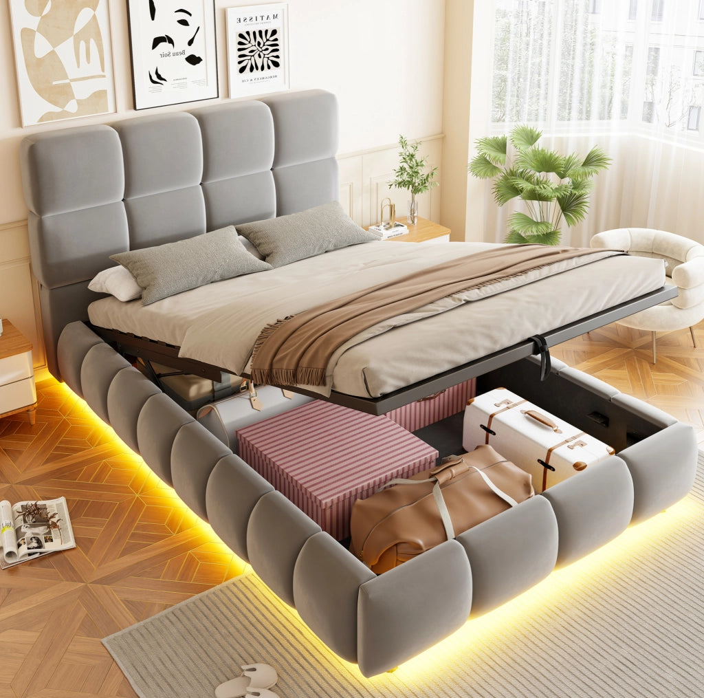 Letto imbottito 90x200 cm in velluto grigio con contenitore; LED e rete a doghe