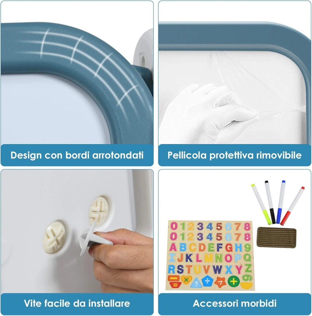 Set 2 in 1 Cavalletto per Bambini, Lavagna Magnetica Multifunzione Bifacciale, Libreria Bambini Altezza Regolabile, con Sedia e Accessori (Blu)