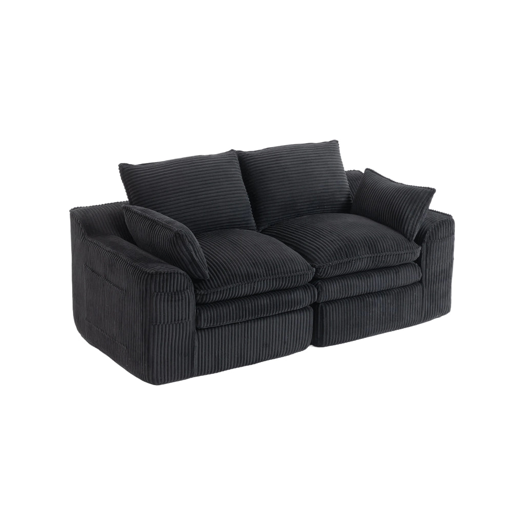 Divano 2 posti modulare in corduroy nero con tasche laterali, cuscini e struttura in schiuma a 3 strati con molle, 191×94×85 cm