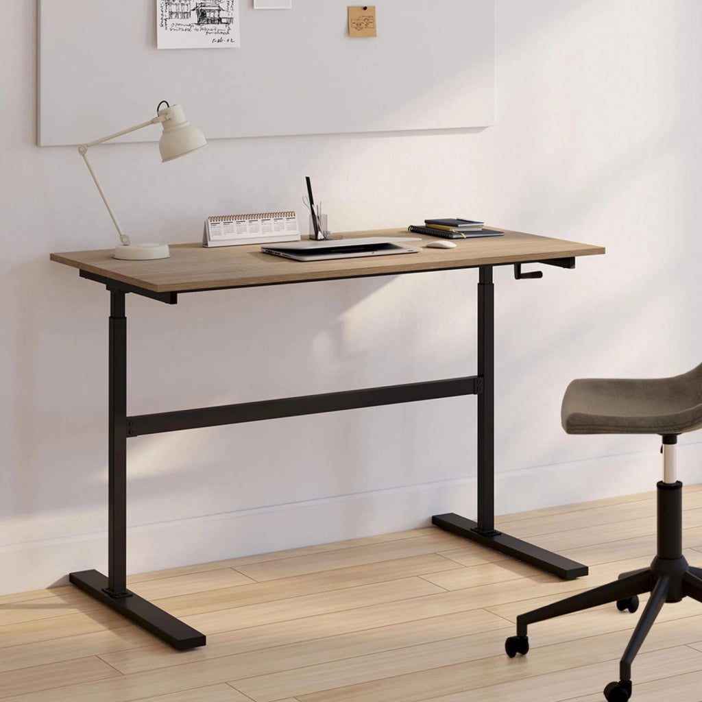 Scrivania JEANNE, diritta, sit/stand con manovella, altezza regolabile da 70 a 120 cm, legno di faggio e nero