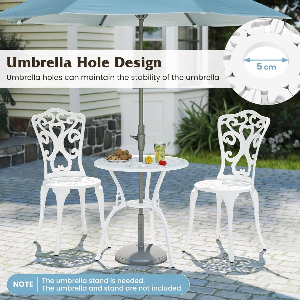 Set Tavolo da Bistrot in Fusione di Alluminio Set da 3 Pezzi Tavolino con 2 Sedie per Giardino Balcone Bordo Piscina, Colore Verde Bronzo/Bianco (Bianco)