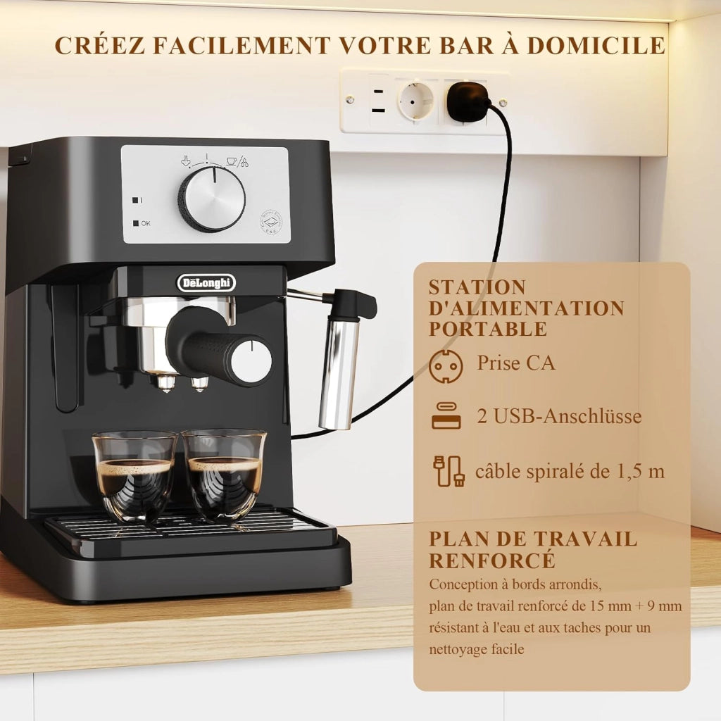 Mobile da cucina, credenza, armadio alto con prese di corrente e strisce LED 3000 K, con piano di lavoro da 24 mm, ripiani regolabili, 3 cassetti, 100 x 40 x 182 cm (Bianco)