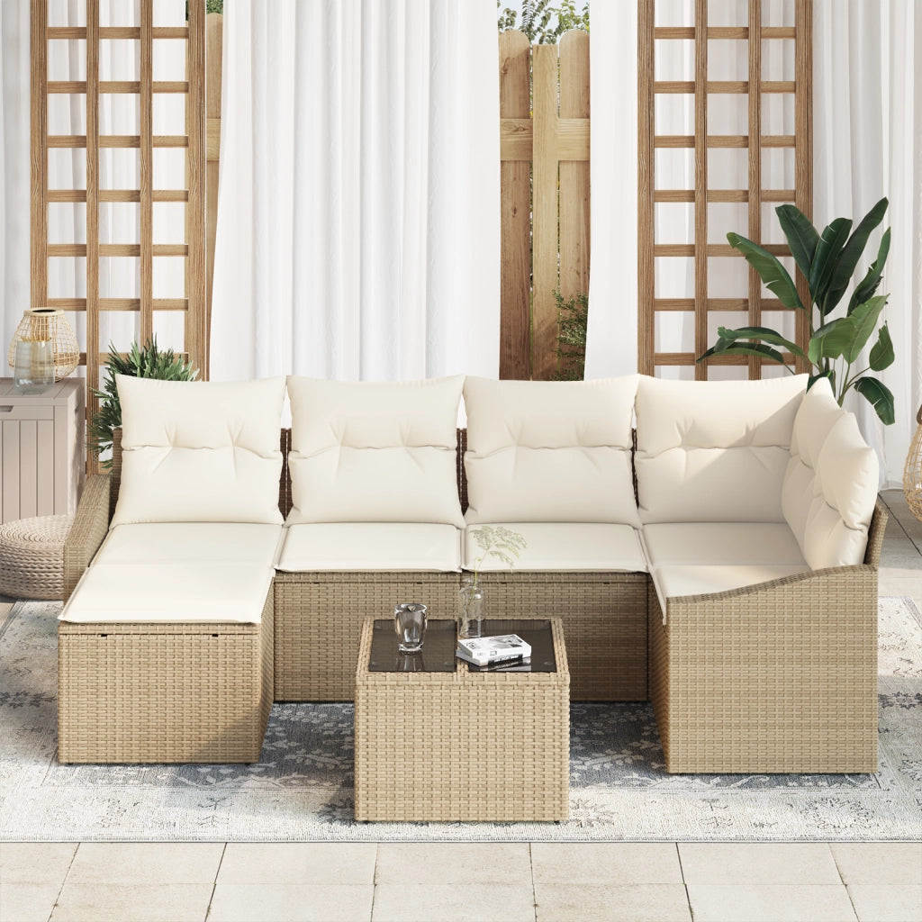 Set da Pranzo da Giardino di 7 Pezzi con Cuscini Rattan Poly Beige