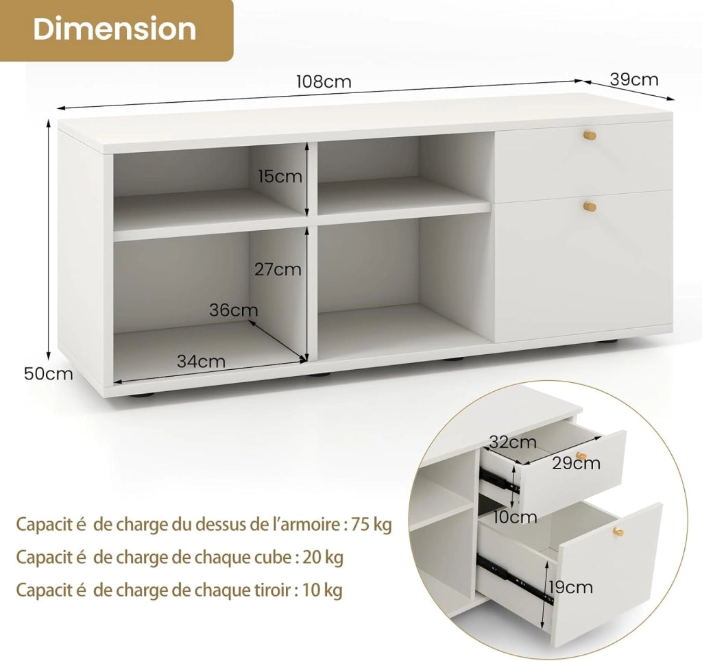 Armadietto con 4 cubi semi-aperti e 2 cassetti, armadio multifunzionale con piedini regolabili, mobile laterale in legno, 108 x 39 x 50 cm, Bianco