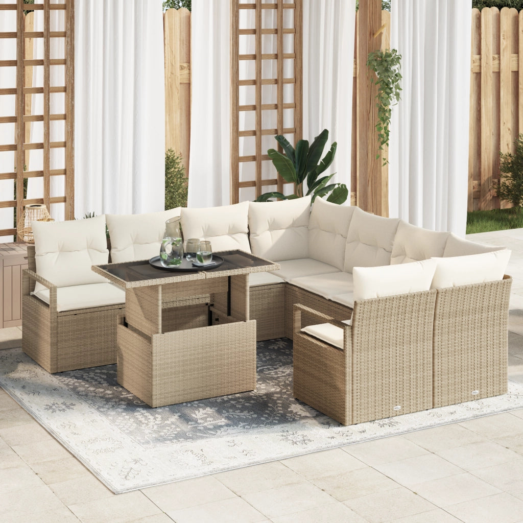 Set Divano Giardino 9 Pezzi con Cuscini Beige Polyrattan