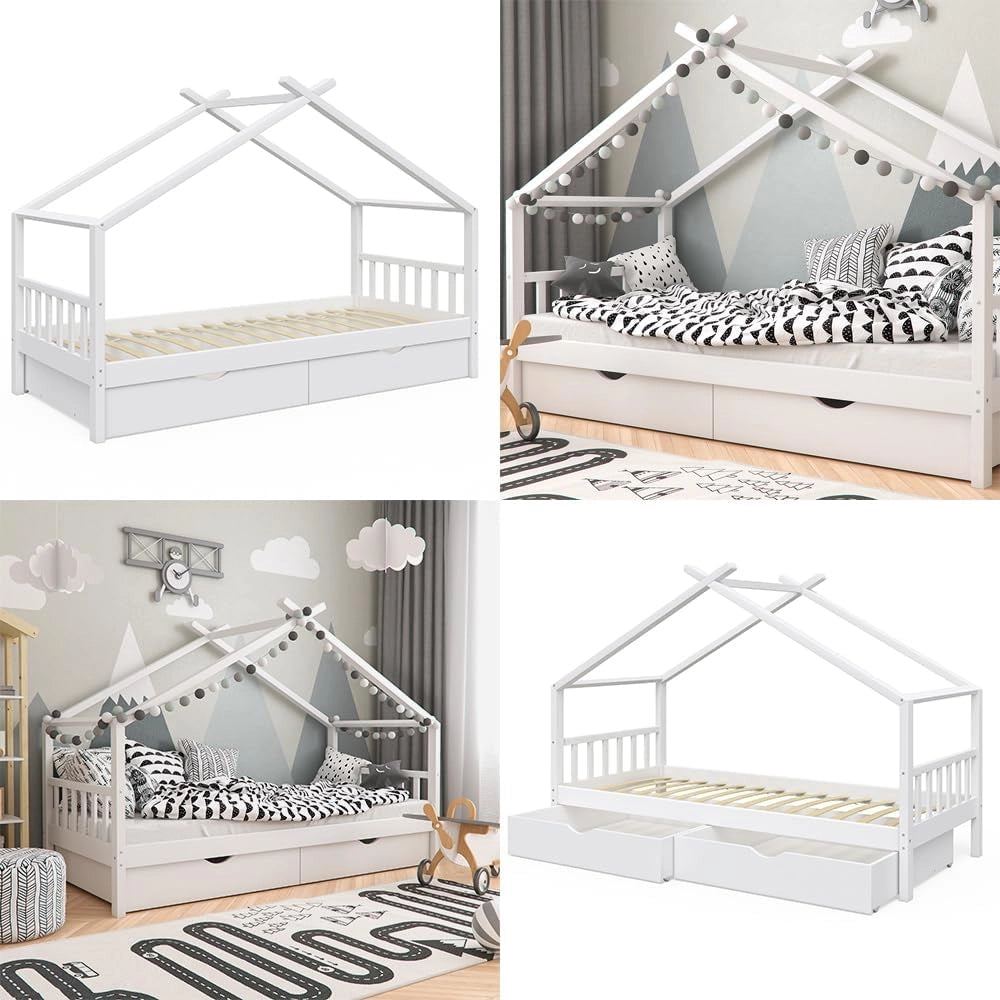 Letto montessori bambini Design, Bianco, 90x200 cm con 2 cassetti, con sponda anticaduta e rete a doghe per un sonno sicuro