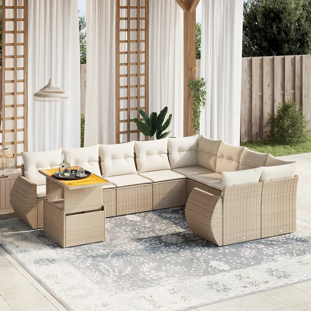 Set Divano da Giardino 10 pz con Cuscini Beige in Polyrattan
