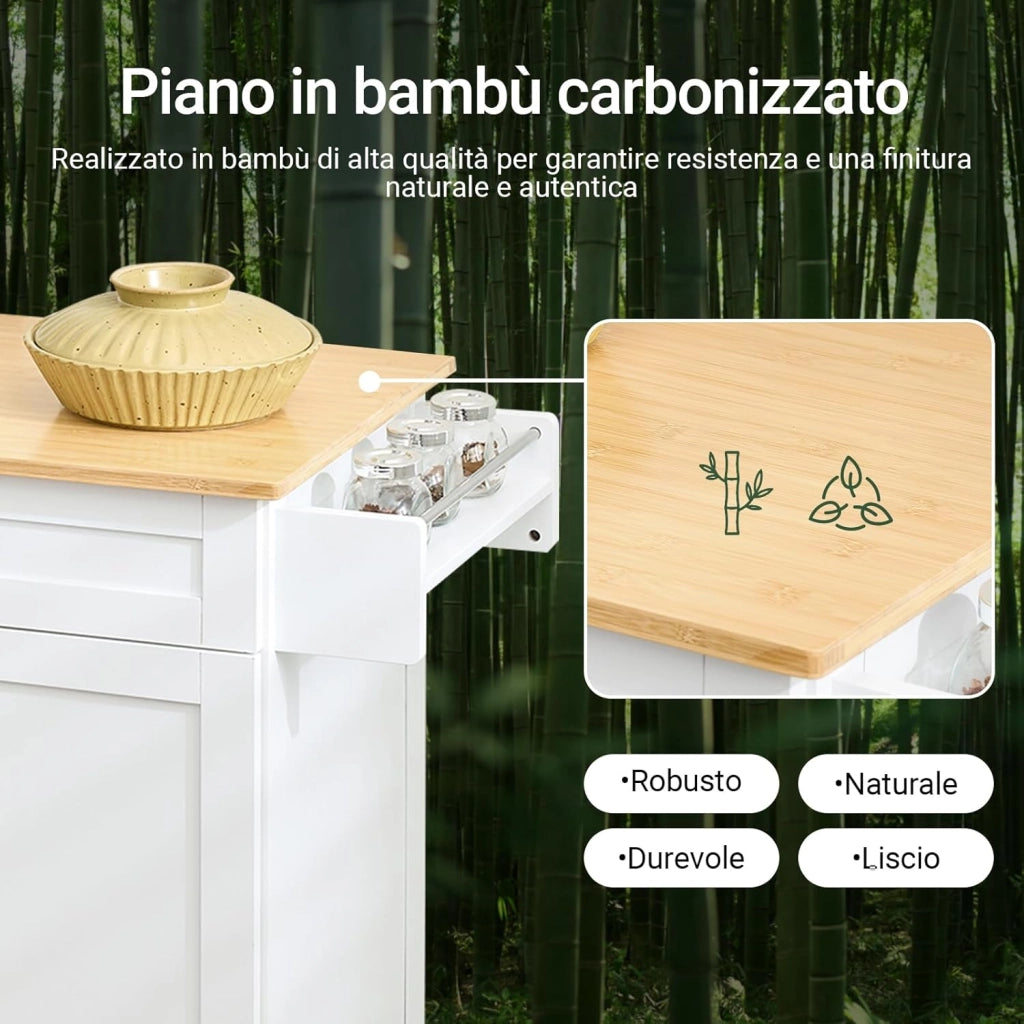 Carrello Cucina con Ruote – Mobile Cucina Salvaspazio con Piano in Bambù, Carrello Cucina con Cassetto e Armadietto, Credenza Cucina e Mobiletto Cucina per Soggiorno 84x44,5x91cm FKW13-II-WN