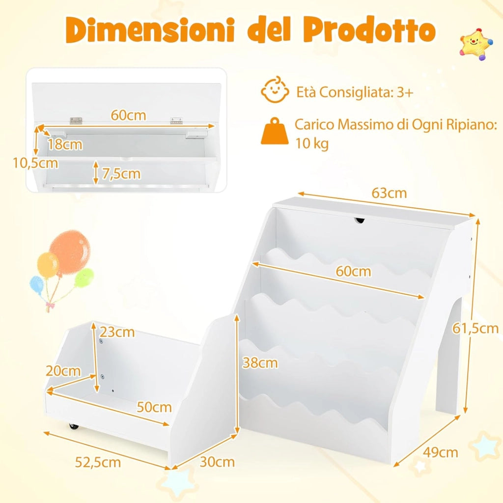 Libreria Montessoriana per Bambini 2in1, Scaffale per Libri a 4 Livelli con Carrello Portagiochi, Vano con Coperchio Ribaltabile, per Cameretta e Stanza dei Giochi, 63x49x61,5 cm (Bianco)