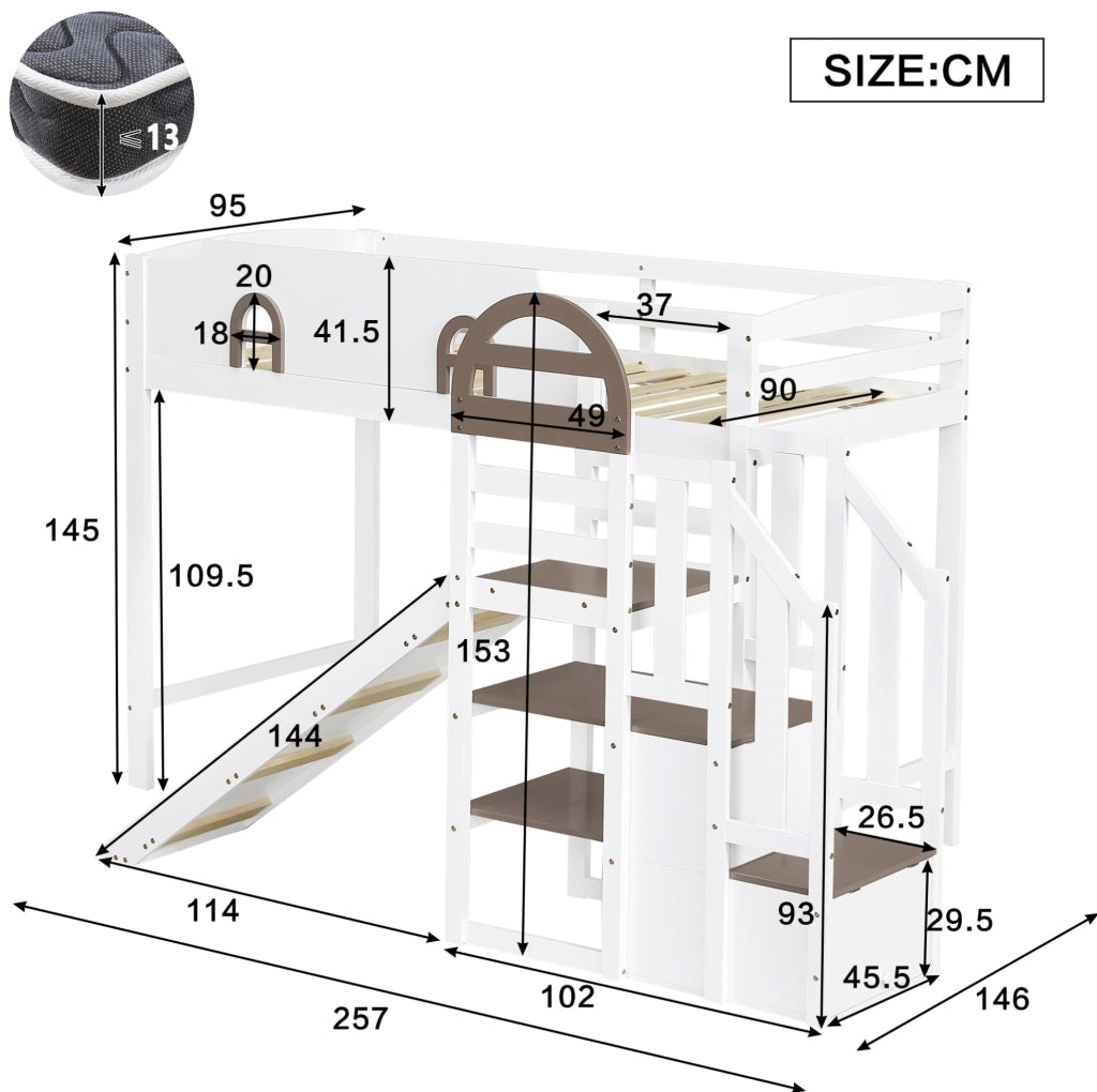 Letto a castello 90x200 cm con scivolo e scala contenitore in legno e MDF bianco