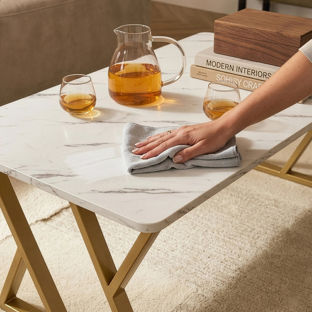 Tavolino da Caffè Nolu con Piano Rettangolare 120 x 60 x 46 cm - Effetto Marmo Bianco/Oro [en.casa]