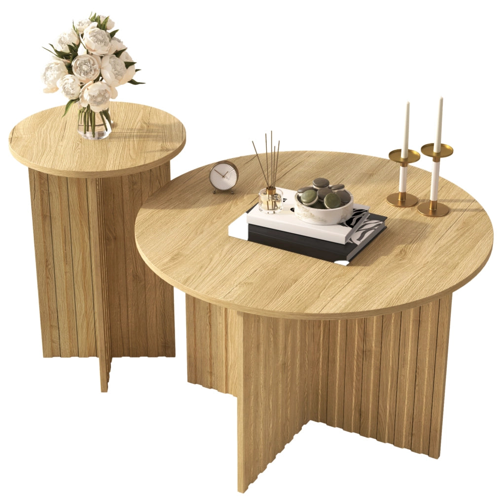 Set di 2 tavolini da salotto rotondi 76x76x50 cm e 40x40x56.5 cm; MDF e pannello truciolare; colore legno
