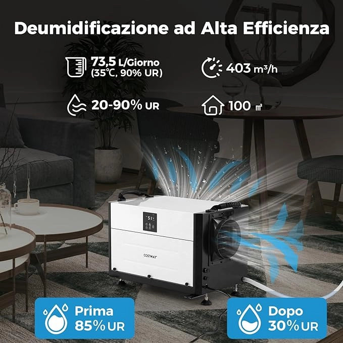 58,5/73,5 L Deumidificatore Commerciale, Deumidificatore Industriale con 3 Modalità e Timer 24H, Sbrinamento Automatico per Cantina Magazzino (73,5 L/giorno Nero)