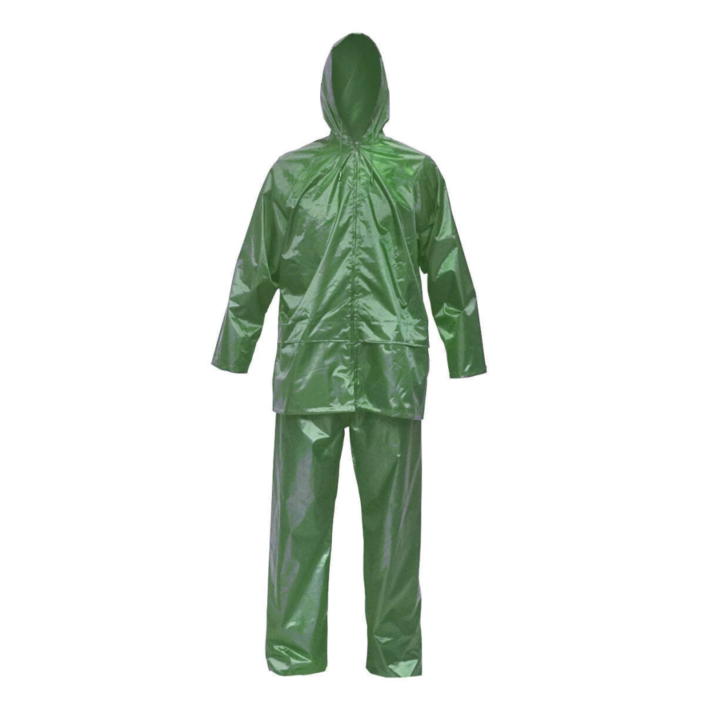 Completo impermeabile taglia XXL con cappuccio e pantaloni in poliestere e PVC, verde Breckner Germany