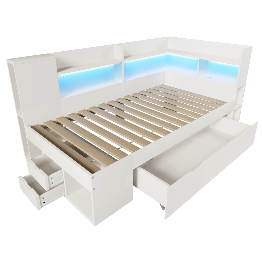 Letto Giorno 90x200 cm Bianco con LED, USB e Type-C, Legno MDF con Cassetti e Mensole, Include Materasso e Rete a Doghe