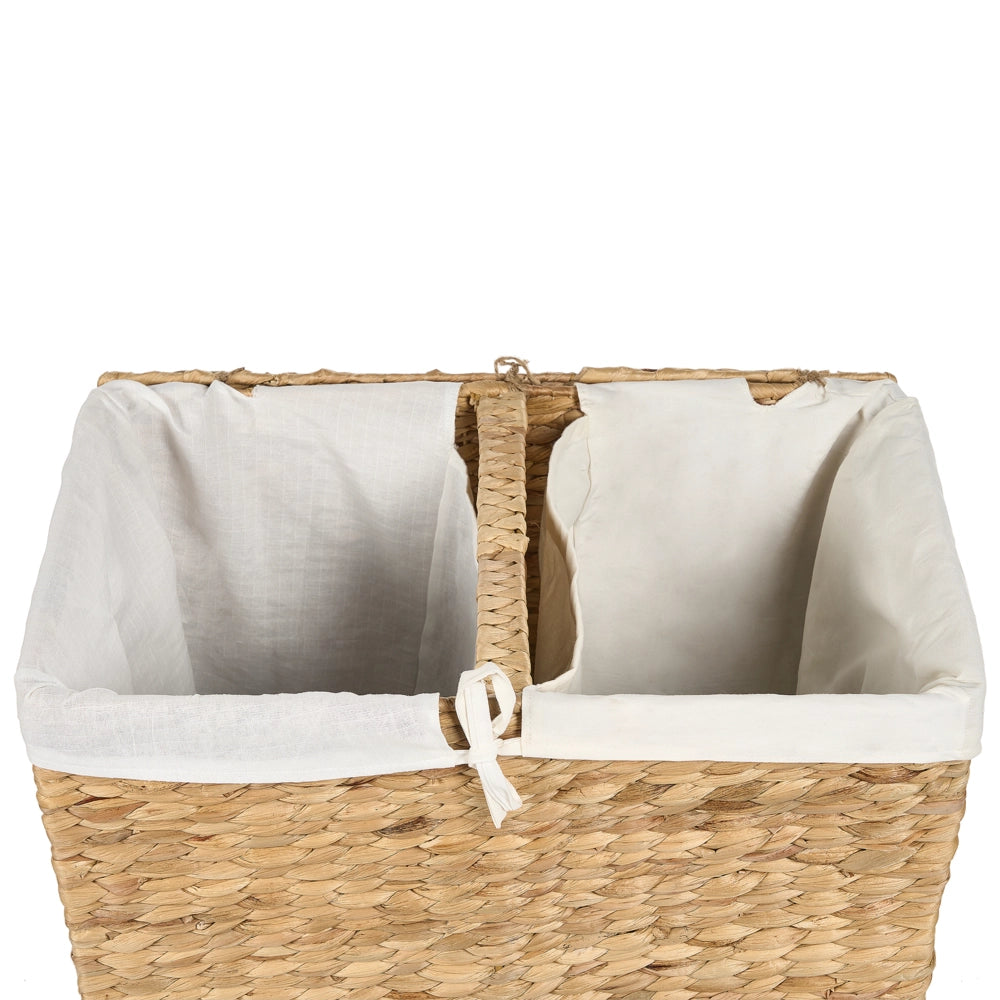 Cesto per la biancheria in giacinto d'acqua con 2 scomparti e coperchio in legno chiaro stile boho lavanderia