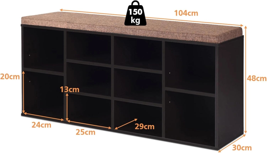 Scarpiera Salvaspazio da Ingresso con 10 Scomparti, Panca Contenitore con Cuscino, Cassapanca Portascarpe 104 x 30 x 48cm (Marrone)