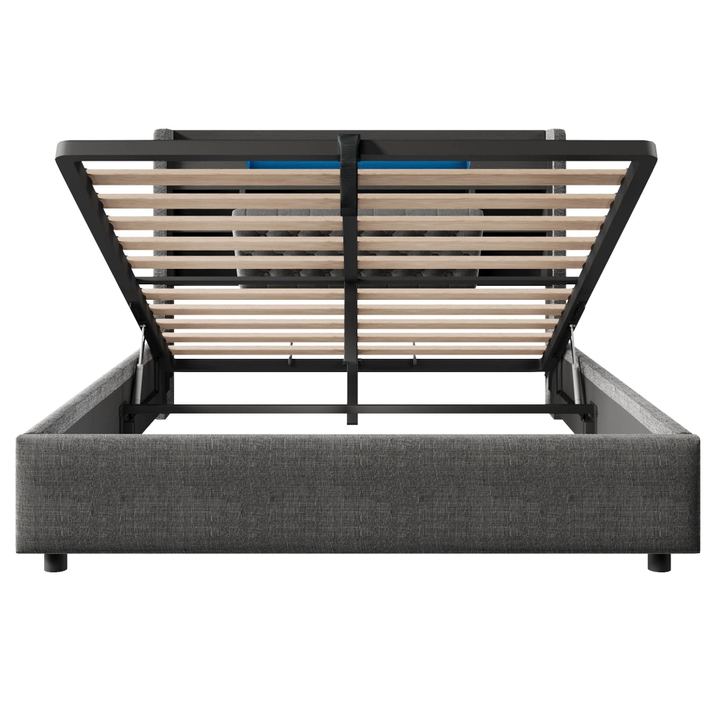 DESMIU Letto contenitore 140 × 190 cm 2 posti con LED, USB, Type-C e ripiano, senza materasso, lino grigio