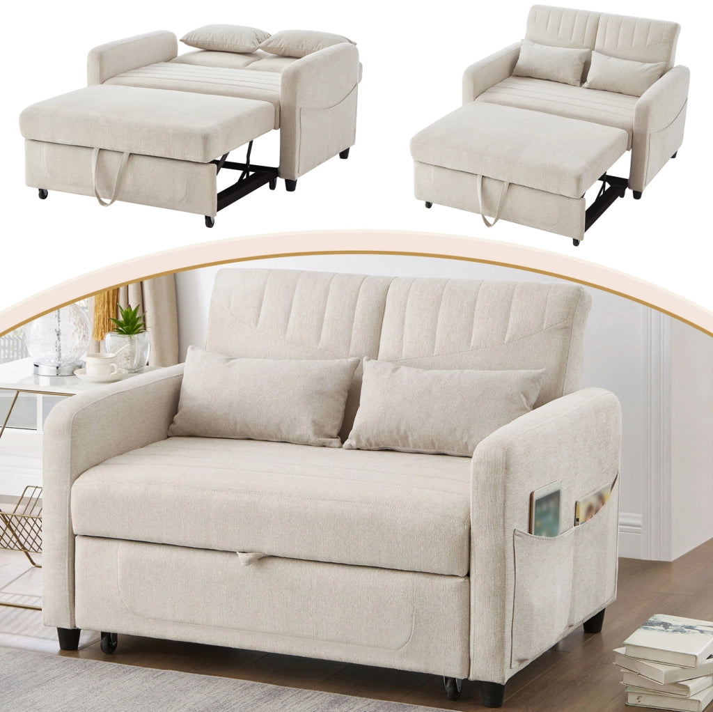 Divano letto estraibile 2 posti beige con schienale regolabile