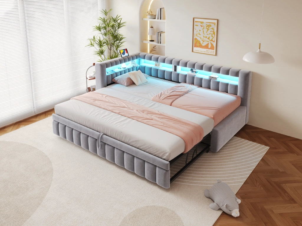Divano letto con LED, testiera contenitore e USB, 90x200 cm, grigio chiaro
