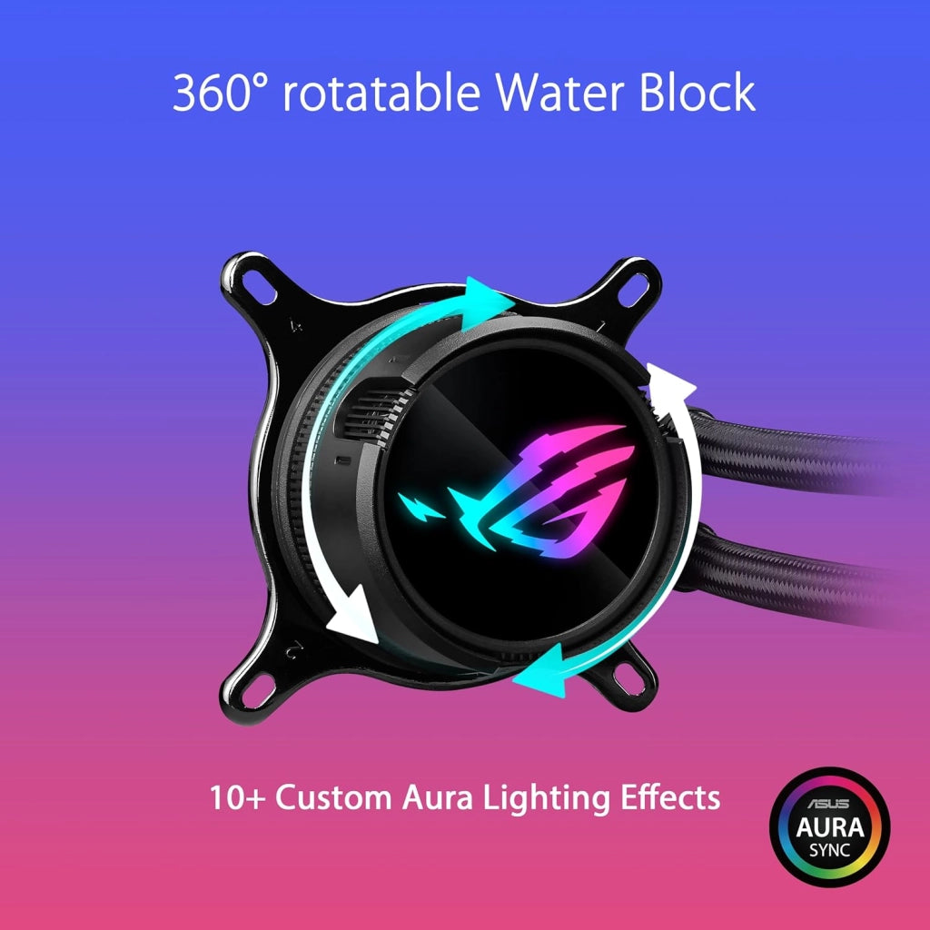 ROG Strix LC III 360 ARGB, dissipatore di liquidi per CPU all-in-one con blocco dell'acqua ruotabile a 360°, pompa Asetek V2 di 7a generazione, ventole ARGB ROG Premium, Aura Sync, Nero