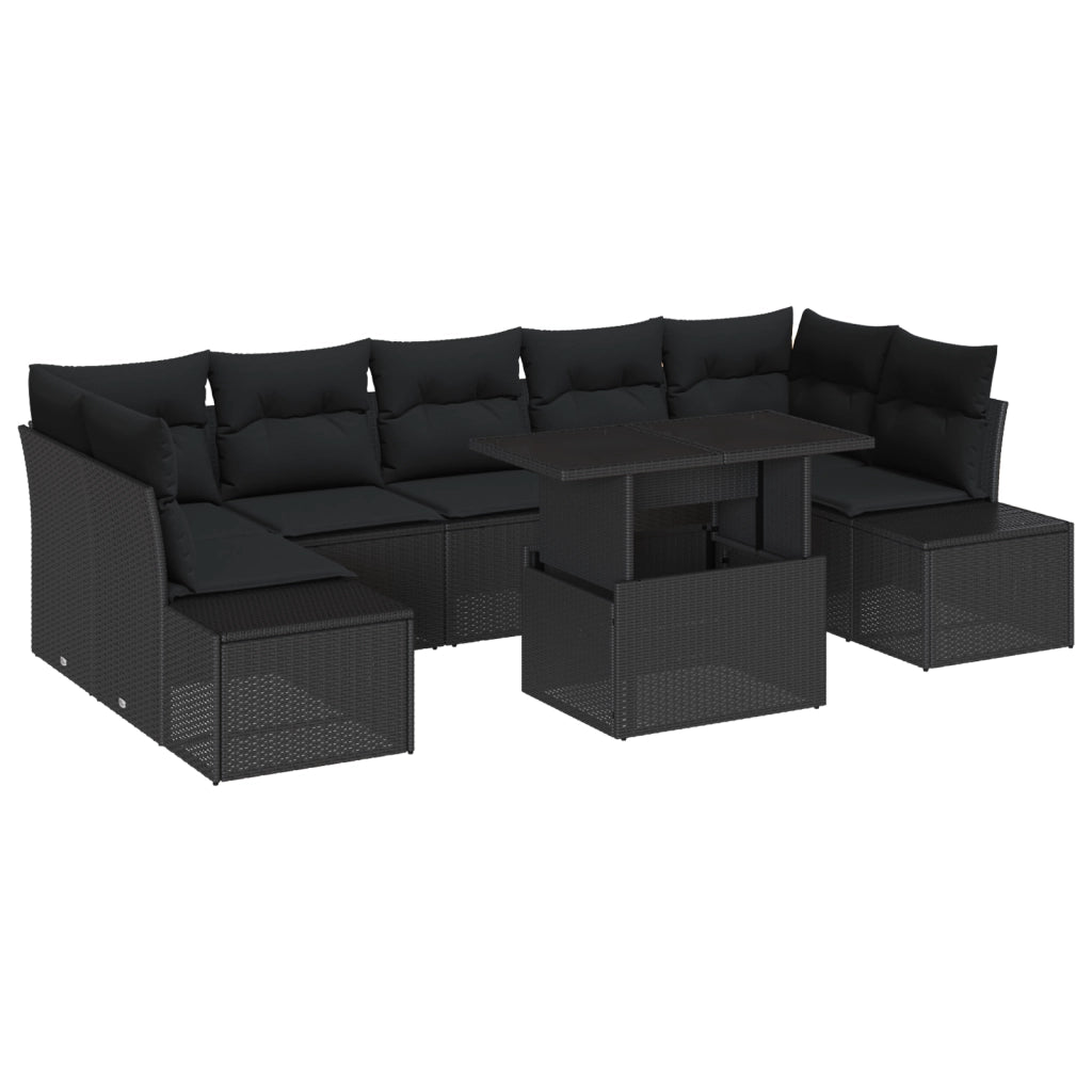 Set di Divani da Giardino in 8 Pezzi con Cuscini Neri in Rattan Polietilene