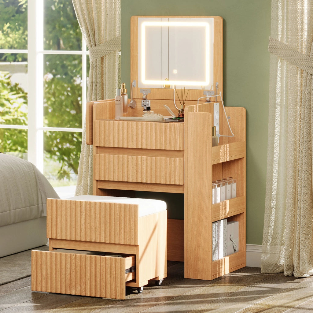 Toeletta compatta con specchio LED pieghevole, prese integrate e sedia con rotelle