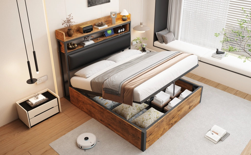 DESMIU Letto contenitore 140 × 200 cm 2 posti con USB, testiera con ripiano, senza materasso, nero