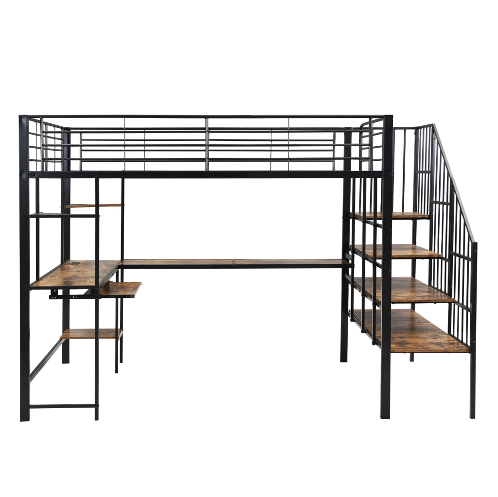Letto a soppalco 120x200 cm con presa di ricarica; scala ad angolo e scrivania in ferro e MDF nero e noce scuro