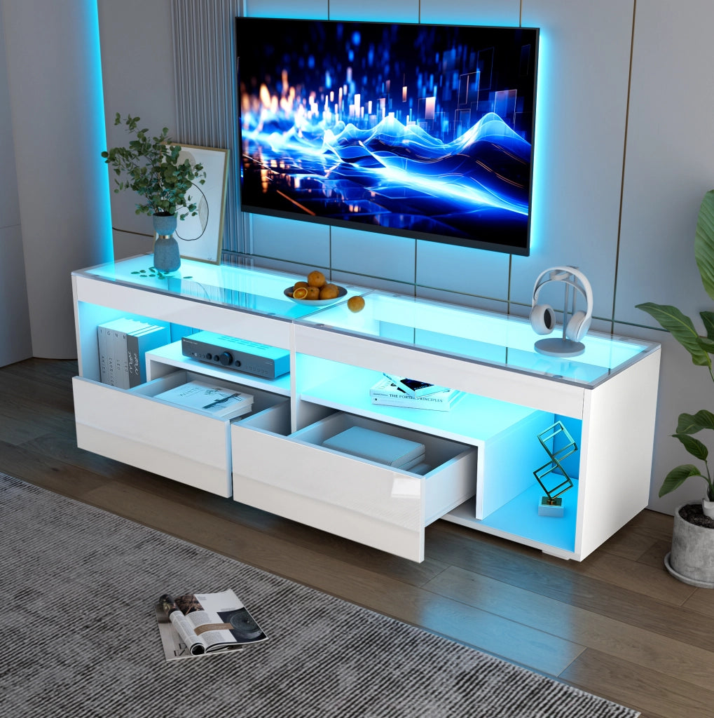 Mobile TV LED lucido bianco 180x40x46 cm con 2 cassetti