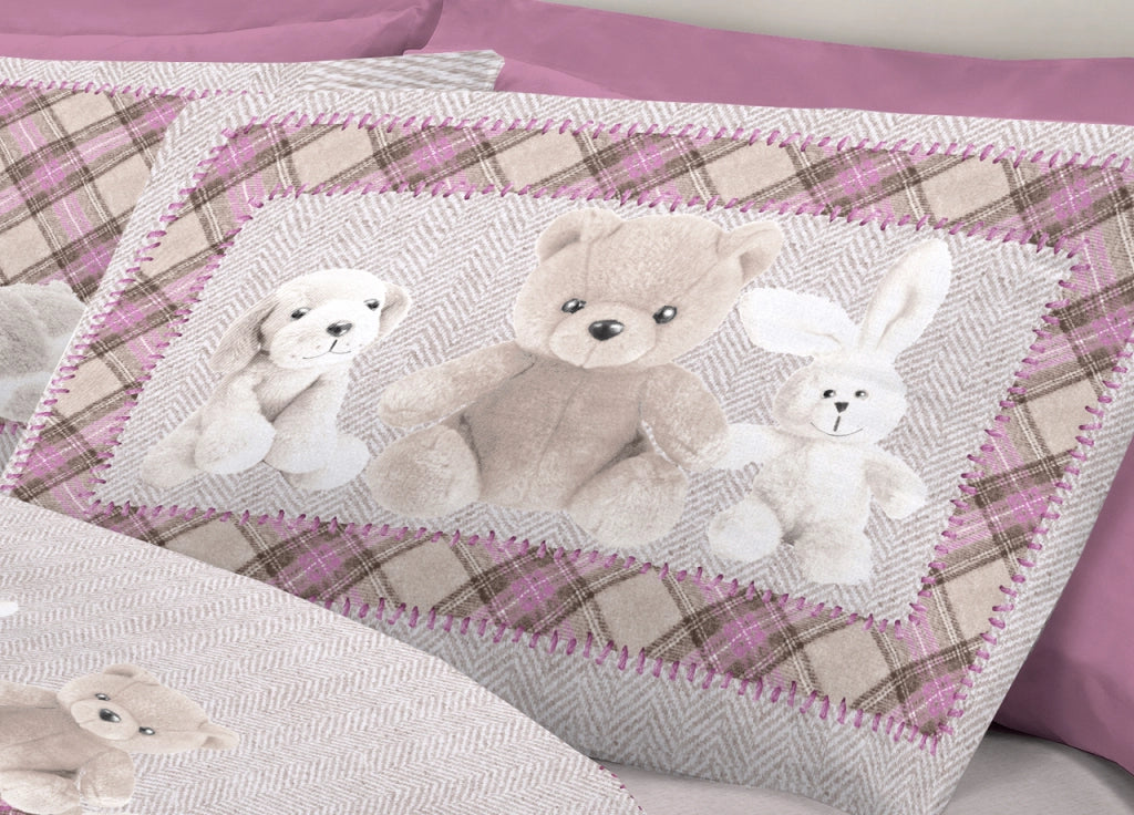 Completo Lenzuola Linea Pensieri Delicati 100% Cotone Disegno Peluche - Matrimoniale - Rosa