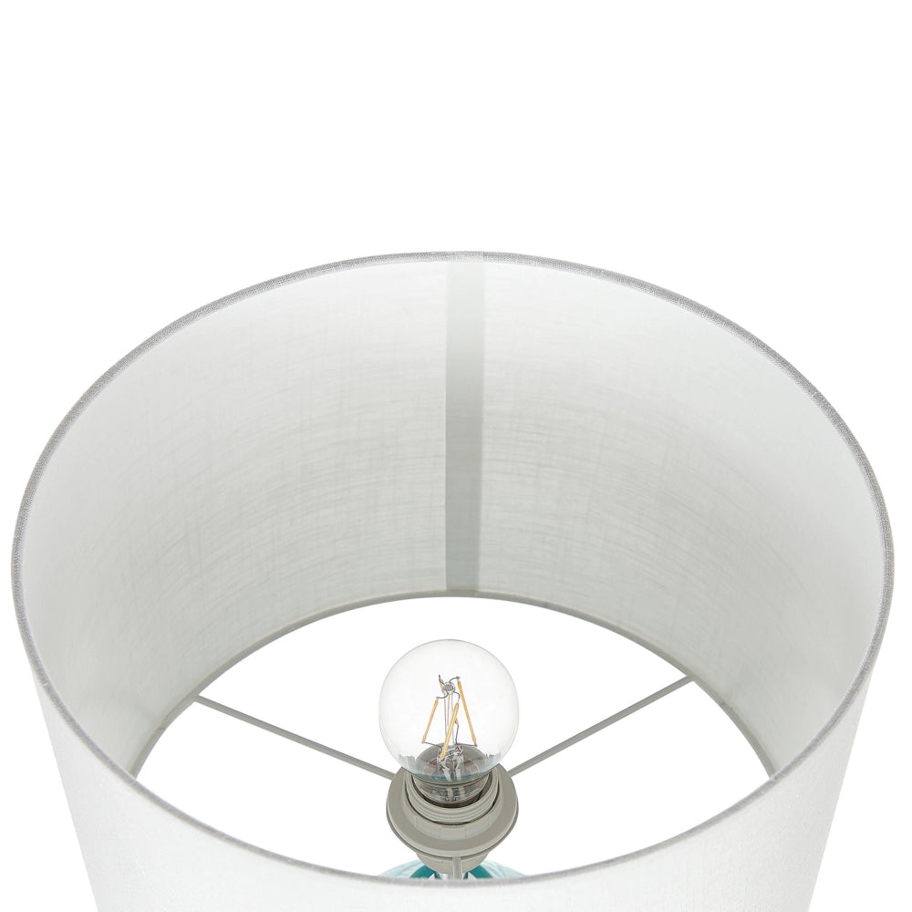 Lampada da Tavolo Turchese Ceramica Base Decorata Paralume in Tessuto Bianco Boho Rustic Design Home Illuminazione