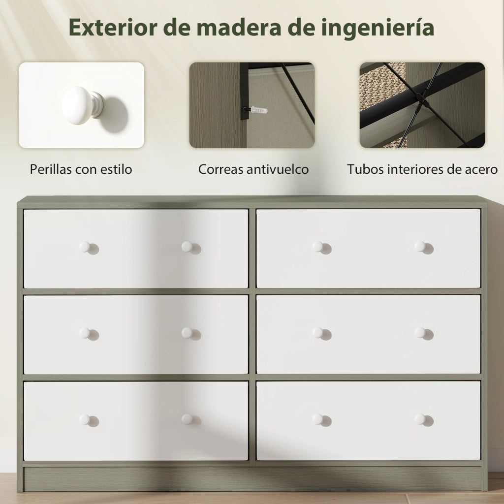 C¨®moda con 6 Cassetti Tessuto e MDF ¨C zephmum ¨C Bianco Grigio 60x40x