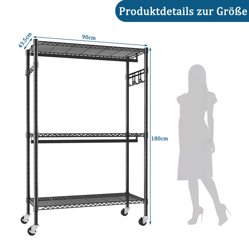 PORTAABITI con ruote, 3 ripiani, 2 aste e 2 ganci, nero, 93x46x11 cm