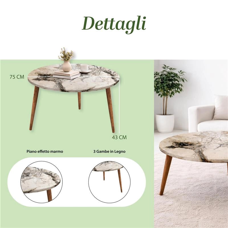 TABLE TAVOLINO TONDO DA CAFFÈ CON PIANO AD EFFETTO MARMO BIANCO DA D.75X43H  CM