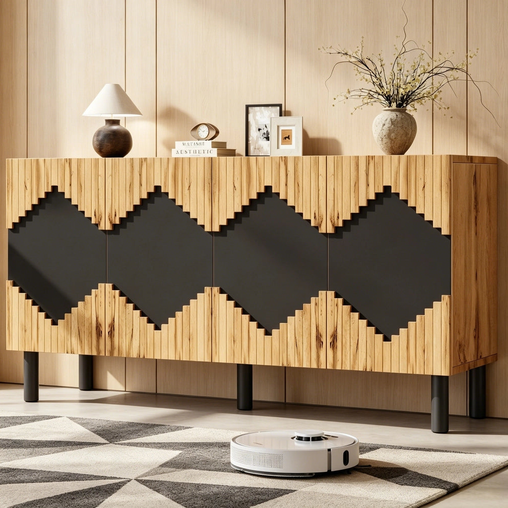 Credenza e madia con 4 ante push-open e 4 vani, per soggiorno, in MDF e truciolare, naturale nero, 140 × 40 × 70 cm