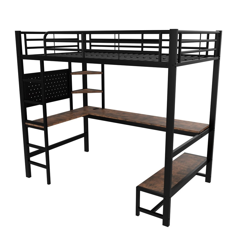Letto a Soppalco con Scrivania e LED ¨C MINIMAL ¨C Nero, 90x200, con USB e Rete a Doghe
