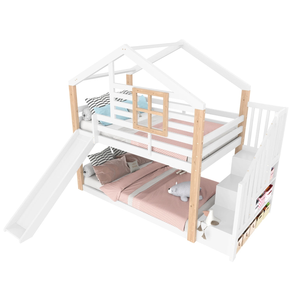 Letto a Castello 90x200 cm; Letto 2 Posti - con Rampa; Scala con vani - Legno - Bianco