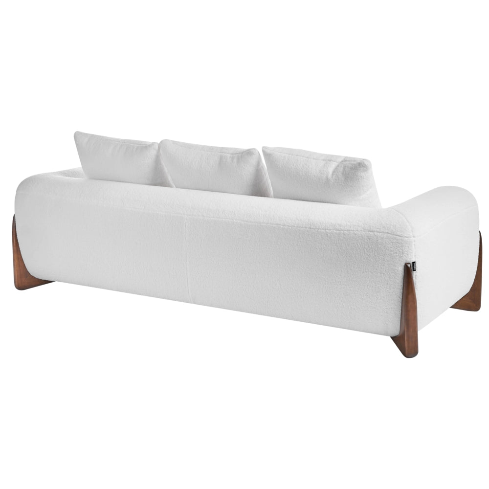 Divano a 3 posti Rivestimento in tessuto bouclè bianco Gambe in legno con braccioli Soggiorno Stile moderno