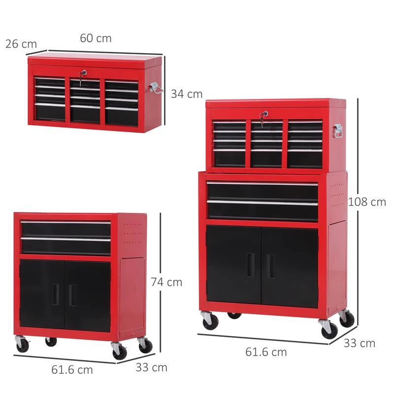 CARRELLO PORTA ATTREZZI 2 IN 1 CON CASSETTA SUPERIORE E ARMADIETTO INFERIORE, IN METALLO, 61.6X33X108 CM, ROSSO